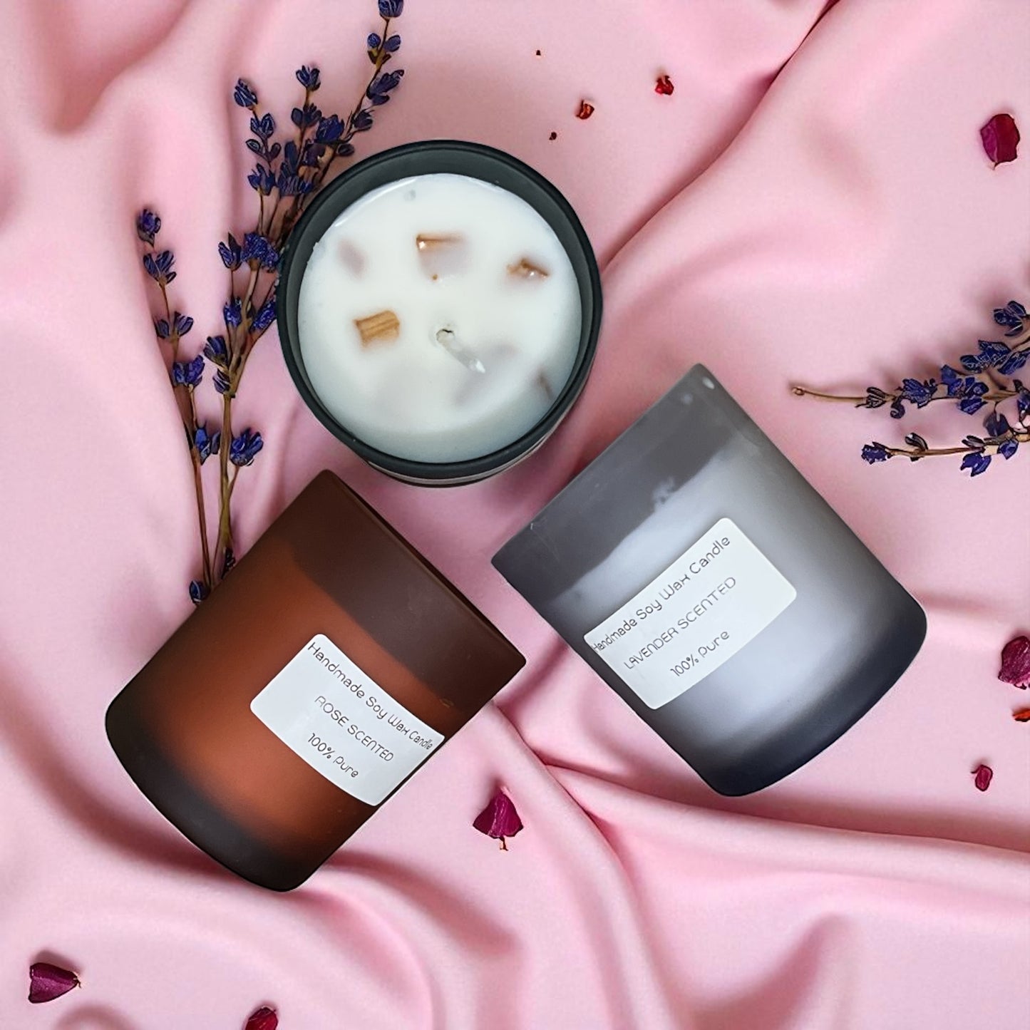 SOULCRAFTZ Handmade Pure Soy Wax Candles, Rose, Lavender & Sandalwood Scented, Set of 3 with Wooden Lids