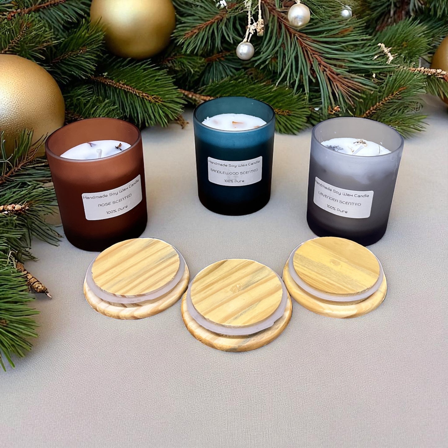 SOULCRAFTZ Handmade Pure Soy Wax Candles, Rose, Lavender & Sandalwood Scented, Set of 3 with Wooden Lids