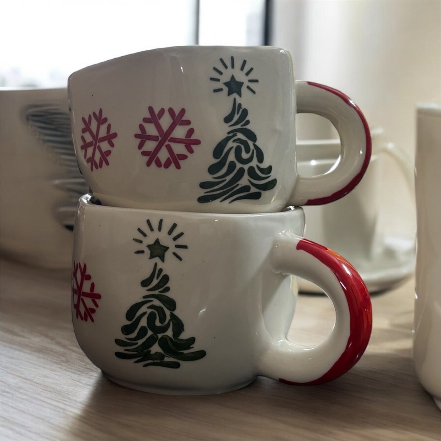 SOULCRAFTZ Handcrafted Ceramic Cup for Coffee Chai Tea Milk Cups (200 ml, Microwave & Dishwasher Safe) (Set of 2 - Christmas Design)