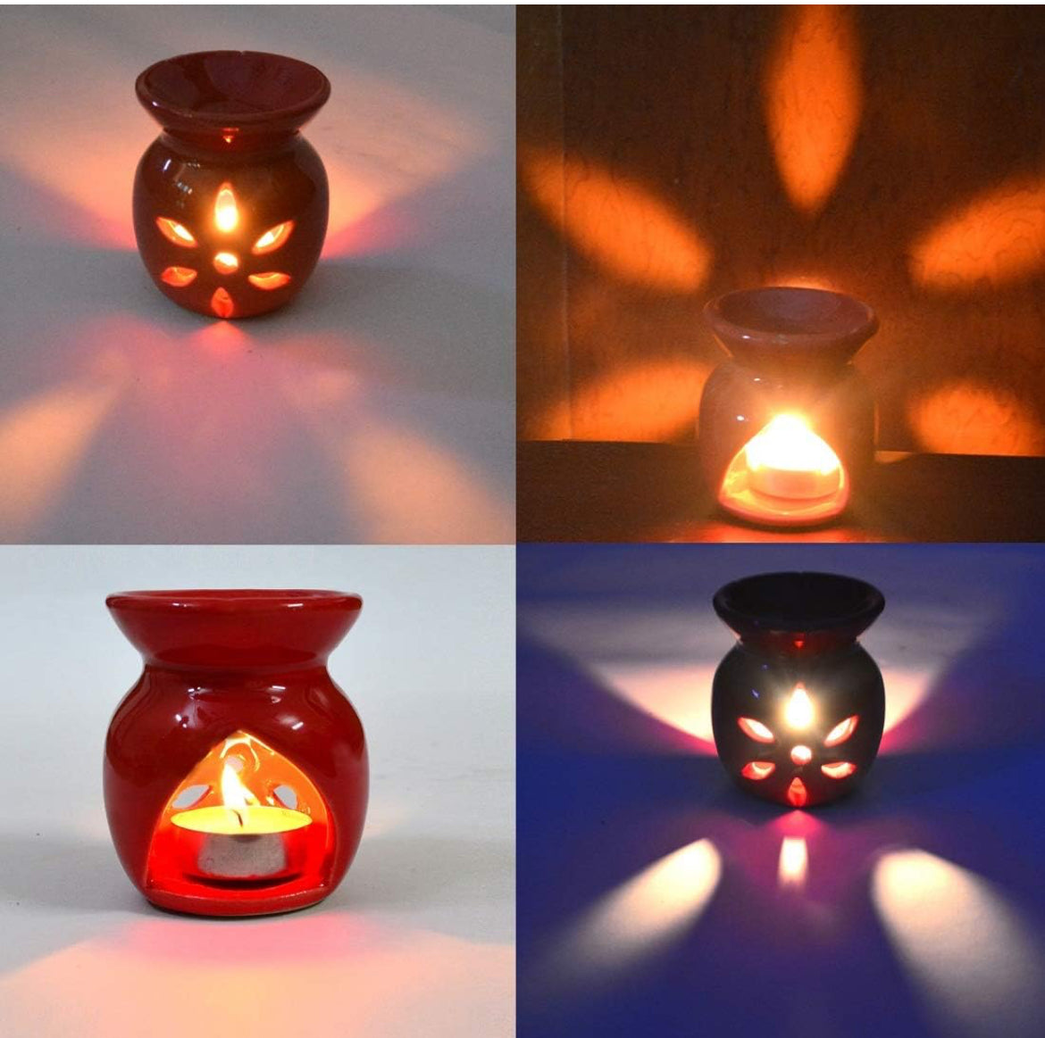 SOULCRAFTZ Room Fragrance Essential Oil Warmer Ceramic Aroma Candle Flame Diffuser Superior Design Candle (Natural) Wedding Gift for Couple & Christmas Crib Set of 4 | 12 T light candles | Fragrance oil Lemon & Lavender 10 ml each (Random Colours)