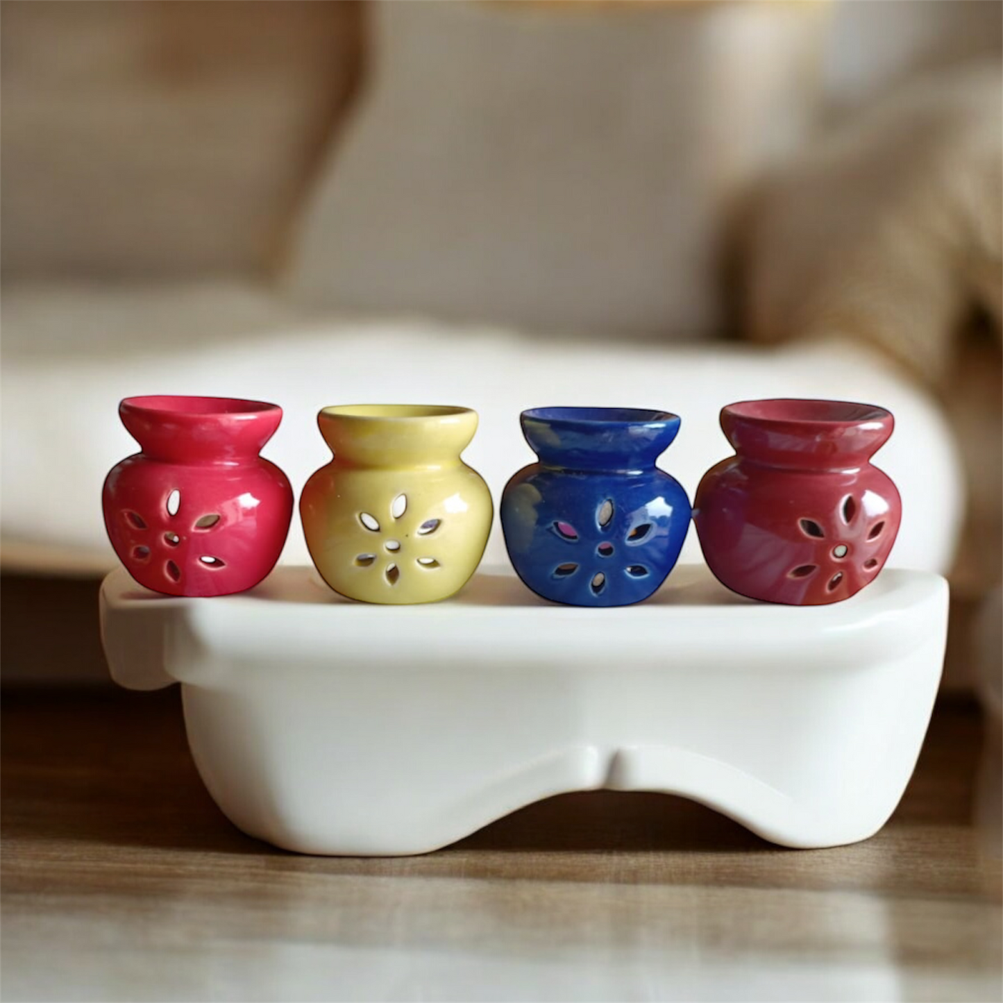 SOULCRAFTZ Room Fragrance Essential Oil Warmer Ceramic Aroma Candle Flame Diffuser Superior Design Candle (Natural) Wedding Gift for Couple & Christmas Crib Set of 4 | 12 T light candles | Fragrance oil Lemon & Lavender 10 ml each (Random Colours)