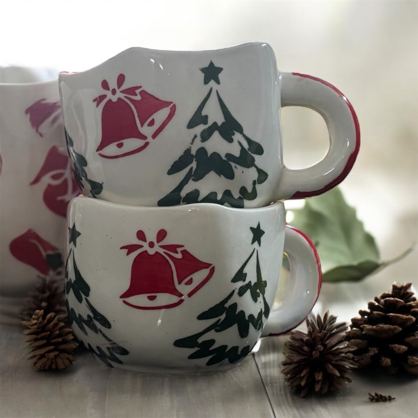 SOULCRAFTZ Handcrafted Ceramic Cup for Coffee Chai Tea Milk Cups (200 ml, Microwave & Dishwasher Safe) (Set of 2 - Christmas Design)