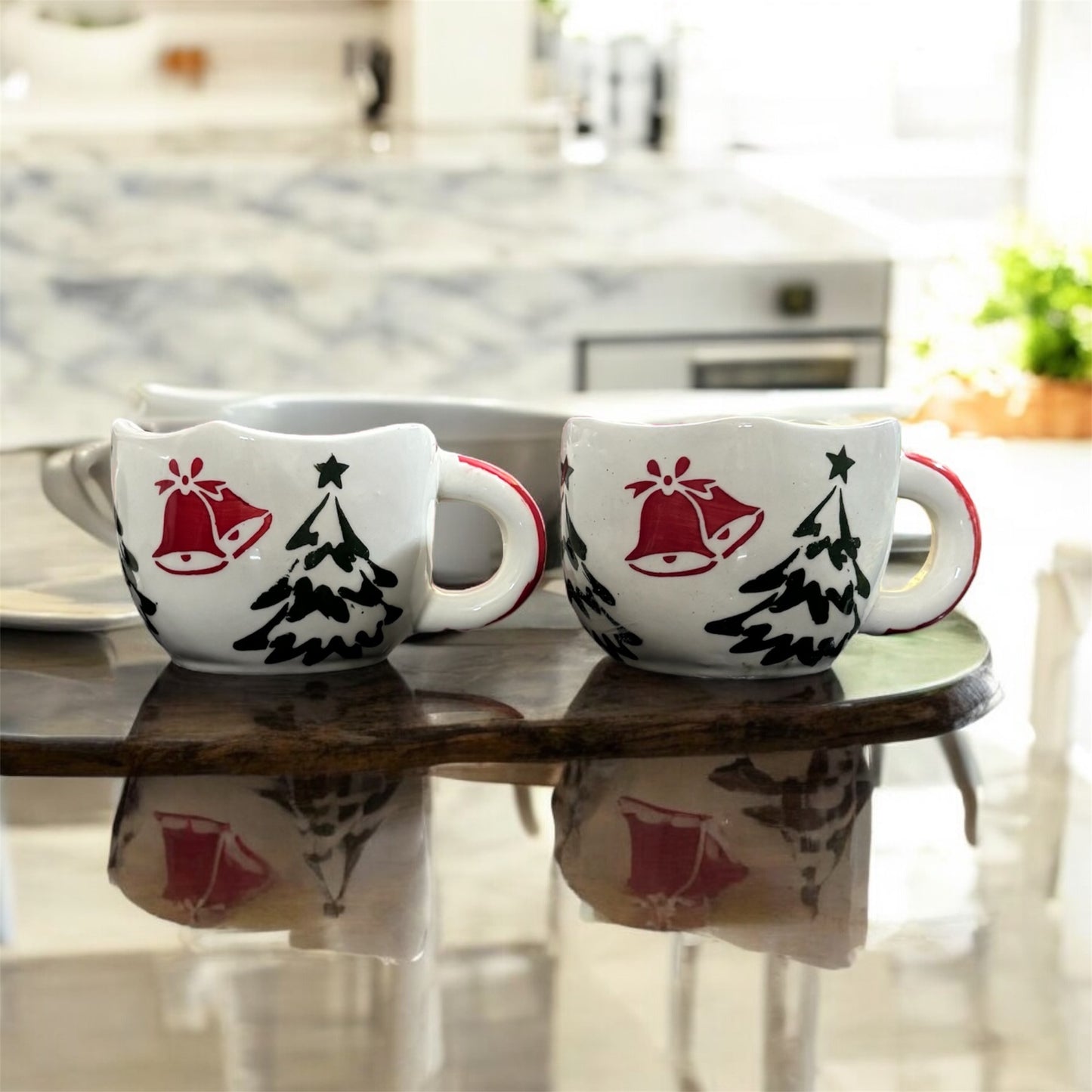 SOULCRAFTZ Handcrafted Ceramic Cup for Coffee Chai Tea Milk Cups (200 ml, Microwave & Dishwasher Safe) (Set of 2 - Christmas Design)