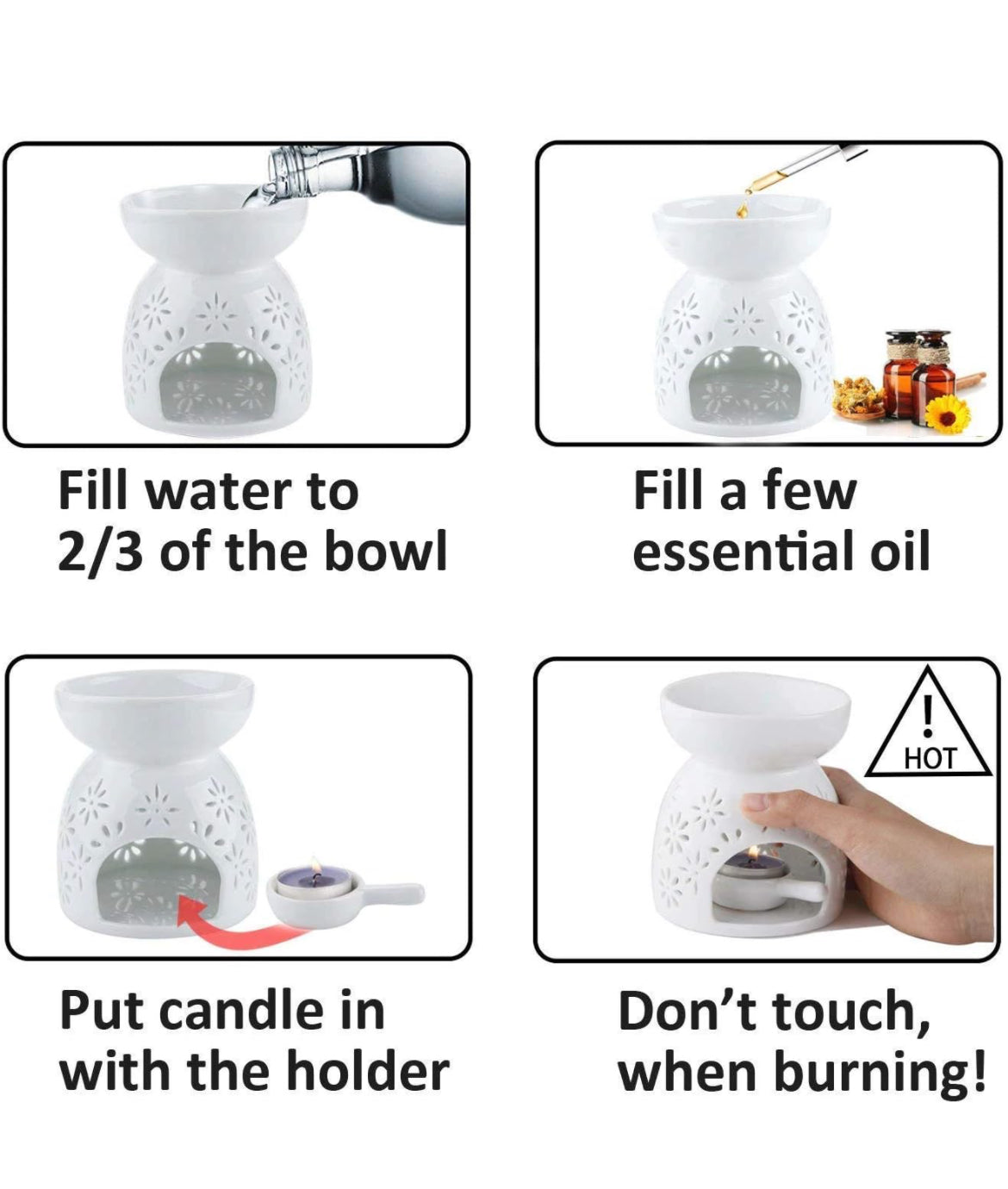SOULCRAFTZ Room Fragrance Essential Oil Warmer Ceramic Aroma Candle Flame Diffuser Superior Design Candle (Natural) Wedding Gift for Couple & Christmas Crib Set of 4 | 12 T light candles | Fragrance oil Lemon & Lavender 10 ml each (Random Colours)