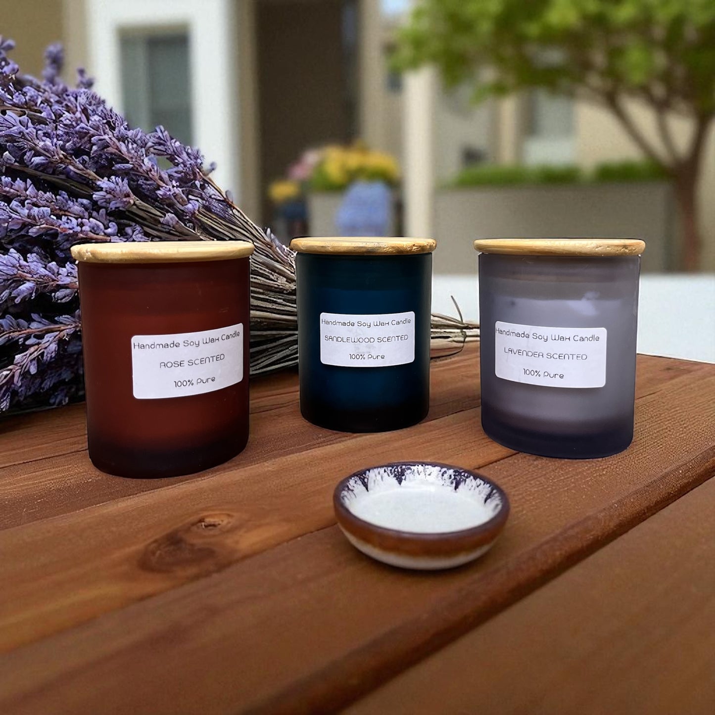 SOULCRAFTZ Handmade Pure Soy Wax Candles, Rose, Lavender & Sandalwood Scented, Set of 3 with Wooden Lids