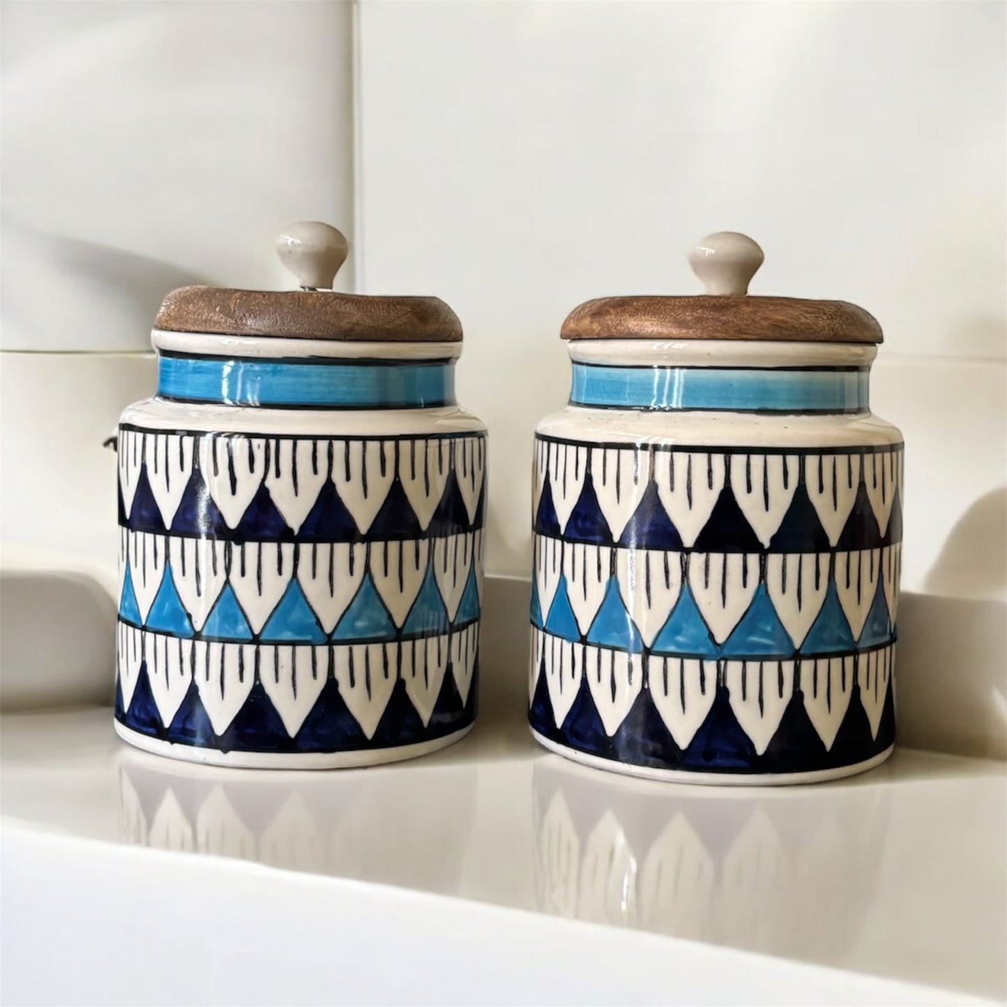 SOULCRAFTZ Handpainted Ceramic Jars with Airtight Wooden Lid | Kitchen Storage | Multipurpose Barni | Pickle jar Storage Container | Dining Table Container | 450ML | Set of 2