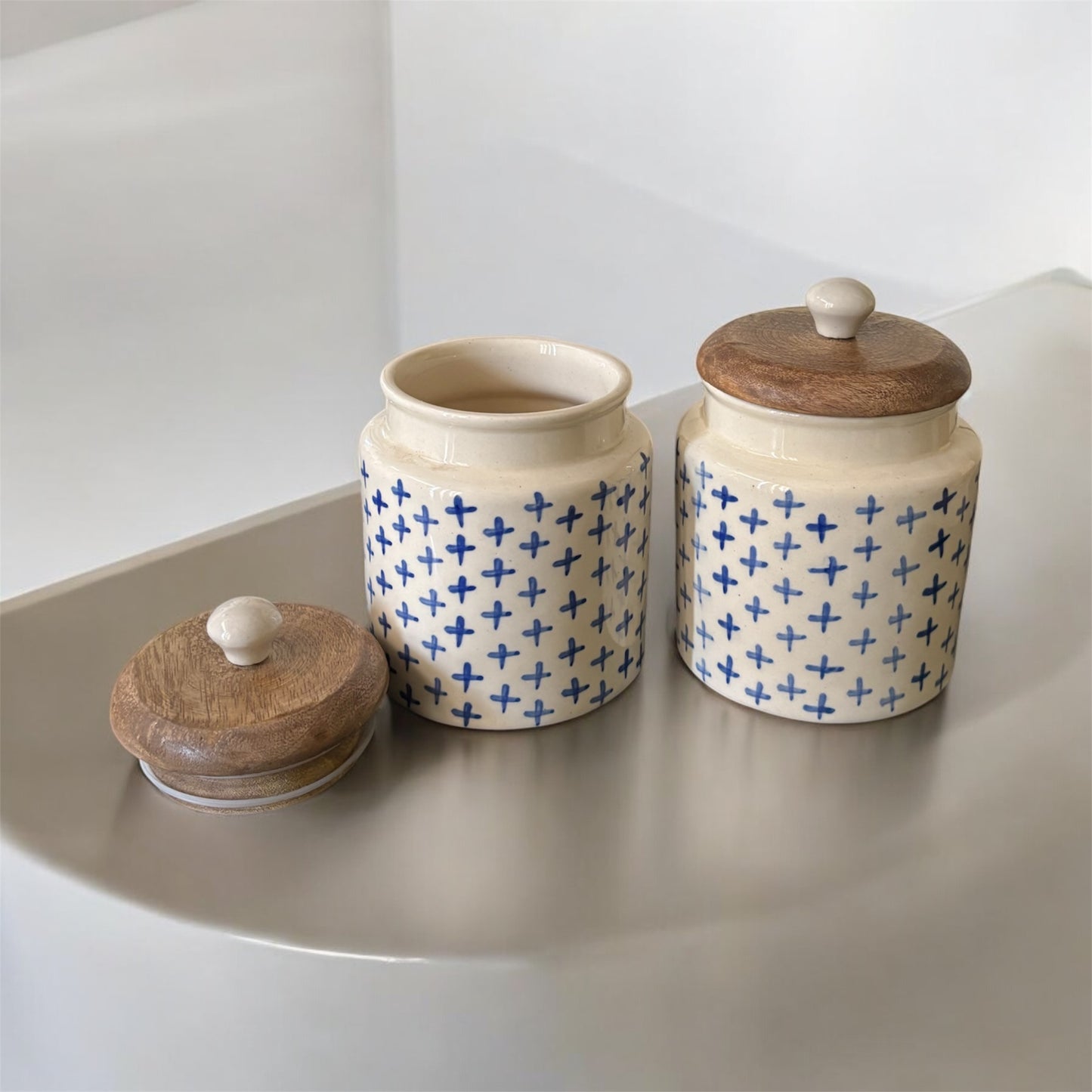 SOULCRAFTZ Handpainted Ceramic Jars with Airtight Wooden Lid | Kitchen Storage | Multipurpose Barni | Pickle jar Storage Container | Dining Table Container | 450ML | Set of 2