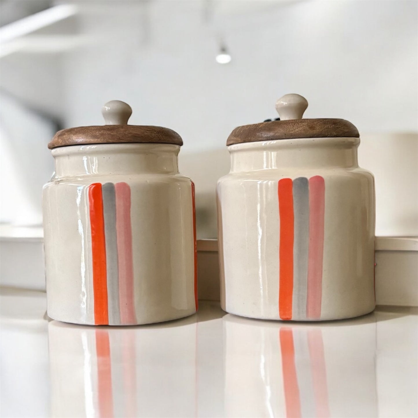 SOULCRAFTZ Handpainted Ceramic Jars with Airtight Wooden Lid | Kitchen Storage | Multipurpose Barni | Pickle jar Storage Container | Dining Table Container | 450ML | Set of 2