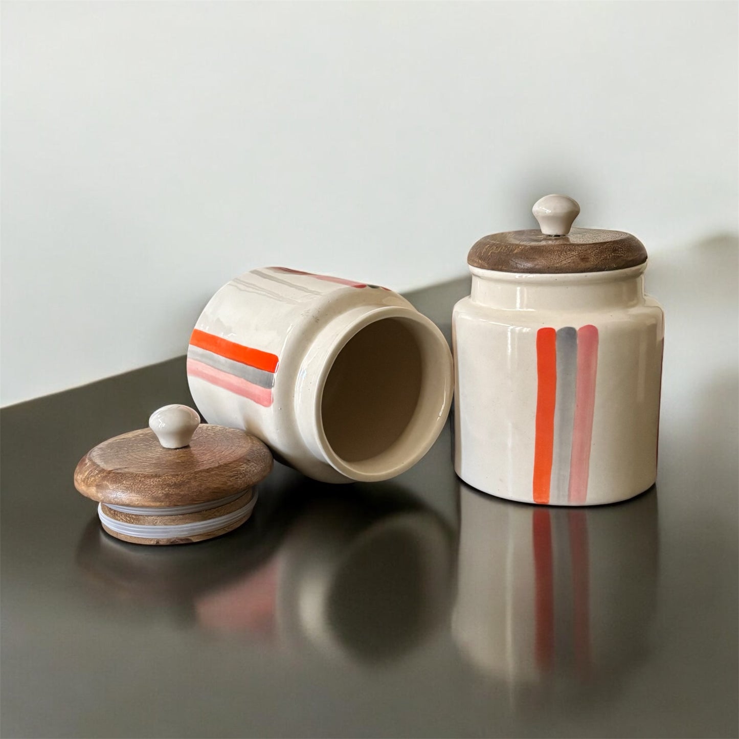 SOULCRAFTZ Handpainted Ceramic Jars with Airtight Wooden Lid | Kitchen Storage | Multipurpose Barni | Pickle jar Storage Container | Dining Table Container | 450ML | Set of 2