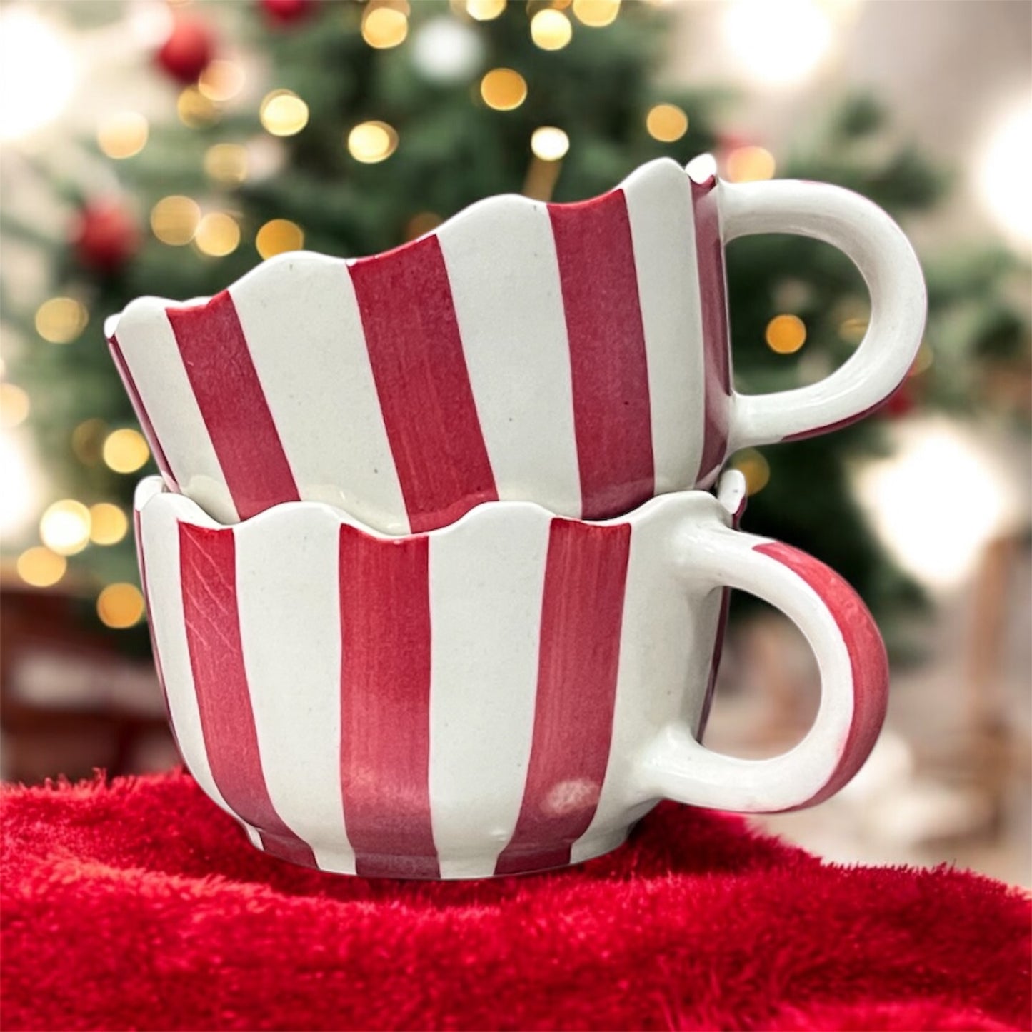 SOULCRAFTZ Christmas Red Strip Painted Broad Soup Bowl,Ceramic Coffee Broad Mugs & Cups,Christmas Mugs for Gifting (Pack of 2, 300ml, White)