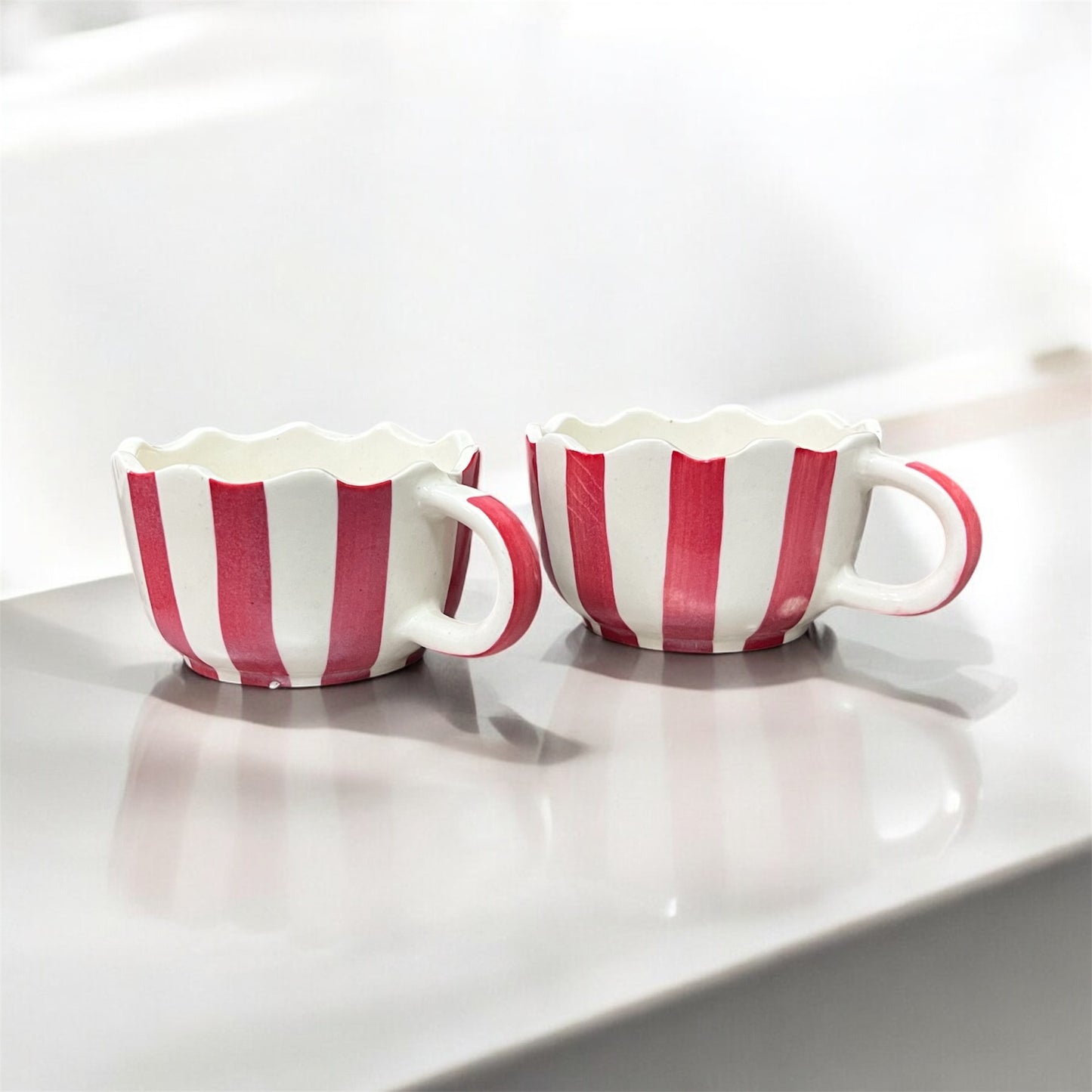 SOULCRAFTZ Christmas Red Strip Painted Broad Soup Bowl,Ceramic Coffee Broad Mugs & Cups,Christmas Mugs for Gifting (Pack of 2, 300ml, White)