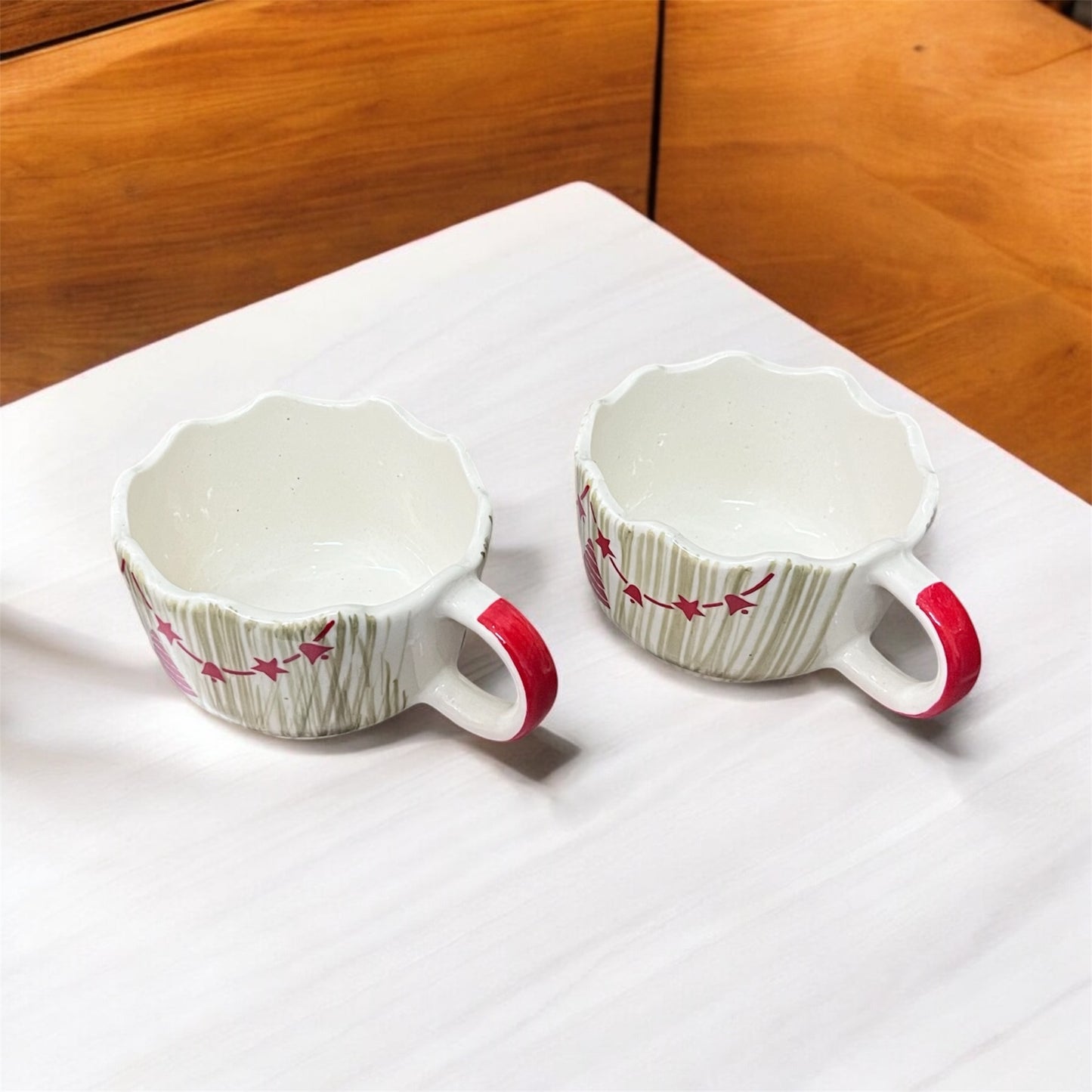 SOULCRAFTZ Christmas Decorative Painted Broad Soup Bowl,Ceramic Coffee Broad Mugs & Cups,Christmas Mugs for Gifting (Pack of 2, 300ml, White)