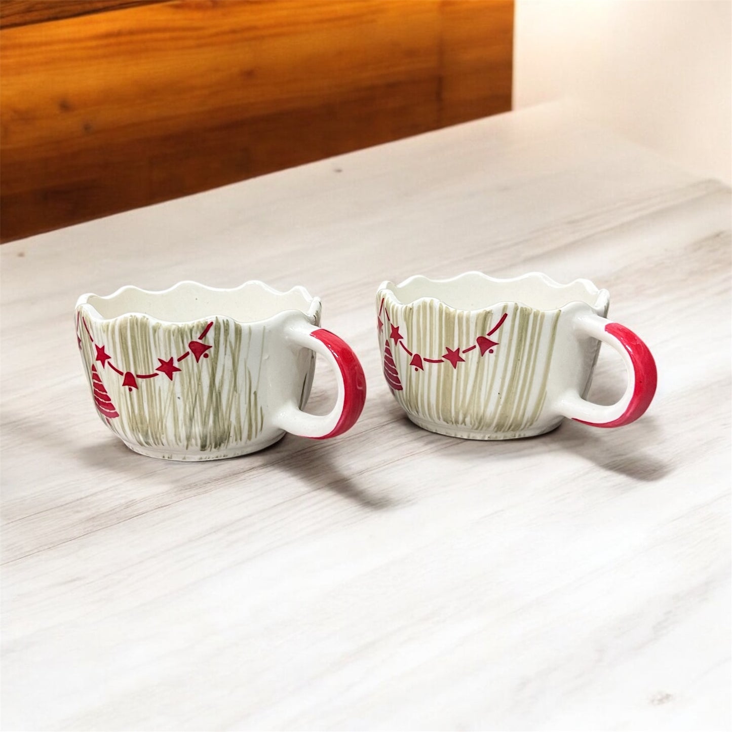 SOULCRAFTZ Christmas Decorative Painted Broad Soup Bowl,Ceramic Coffee Broad Mugs & Cups,Christmas Mugs for Gifting (Pack of 2, 300ml, White)