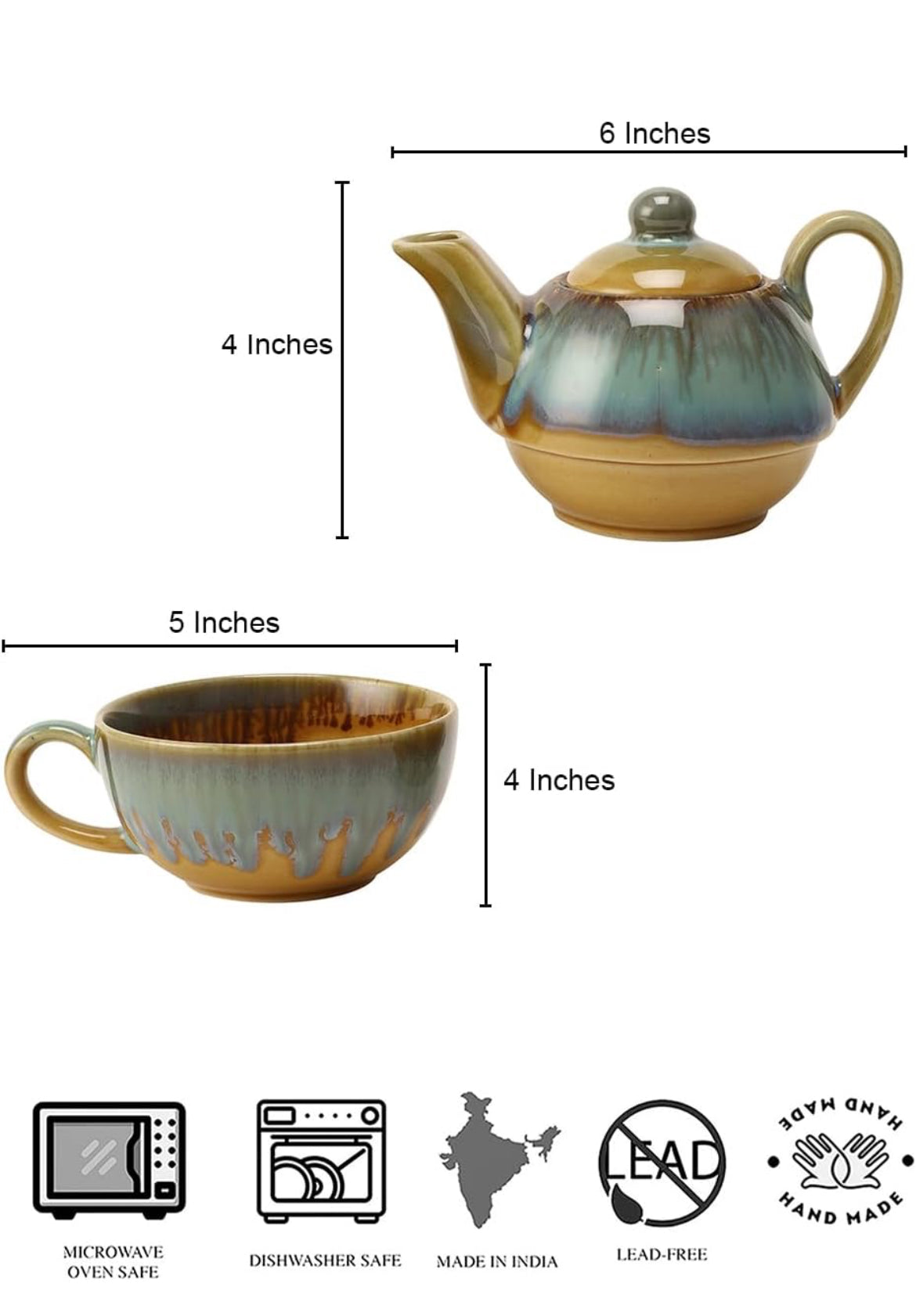 SOULCRAFTZ Ceramic Tea Pot Kettle with Cup Tea Pot Set Studio Pottery Cup 250Ml, Kettle 380 Ml (Set of Single Kettle with Cup (Dual Glazed)