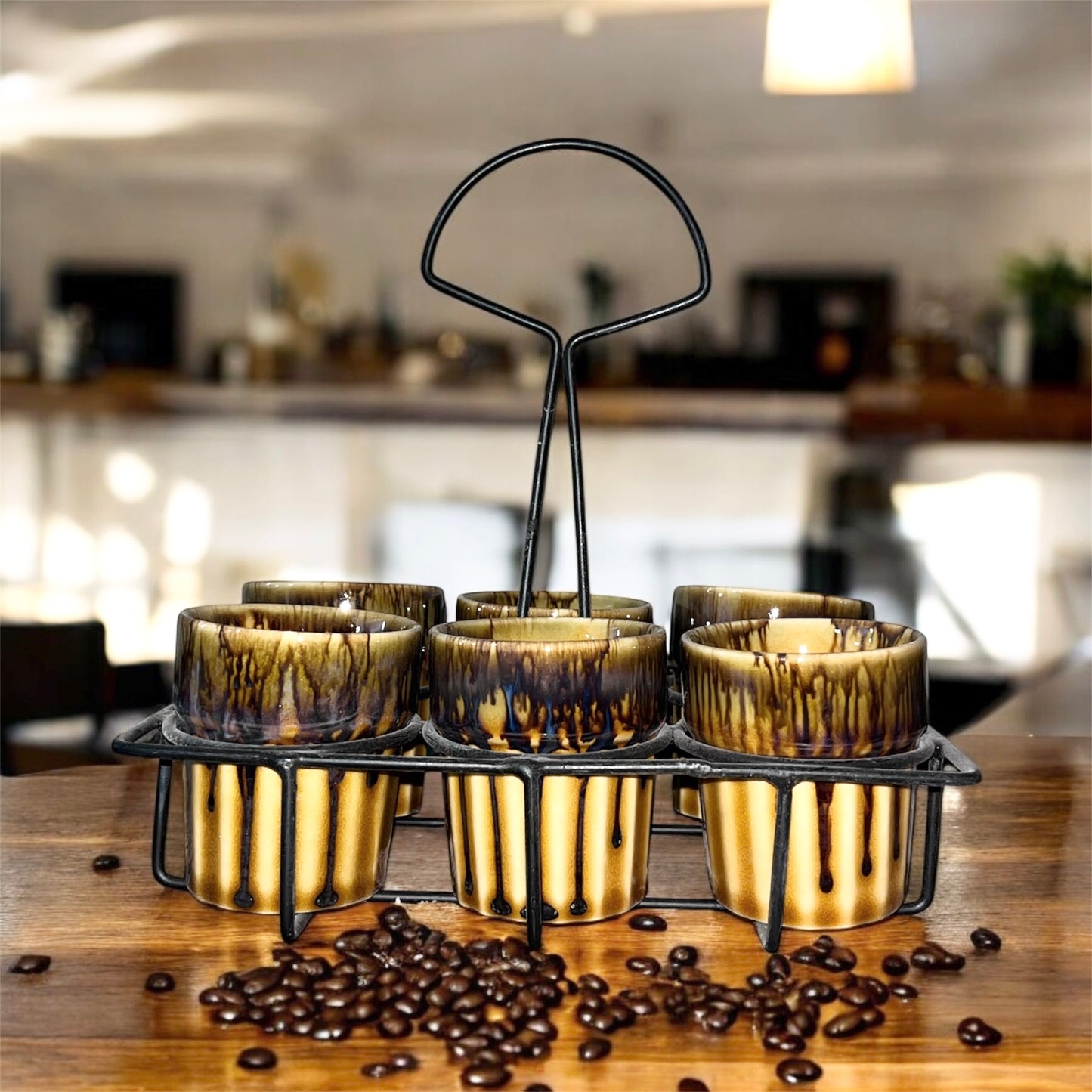 SOULCRAFTZ Dual Glazed Edition Coffee & Tea Cups With Wire Holder & Elegant Studio Pottery, Set Of 6(Multicolour, 120ml)