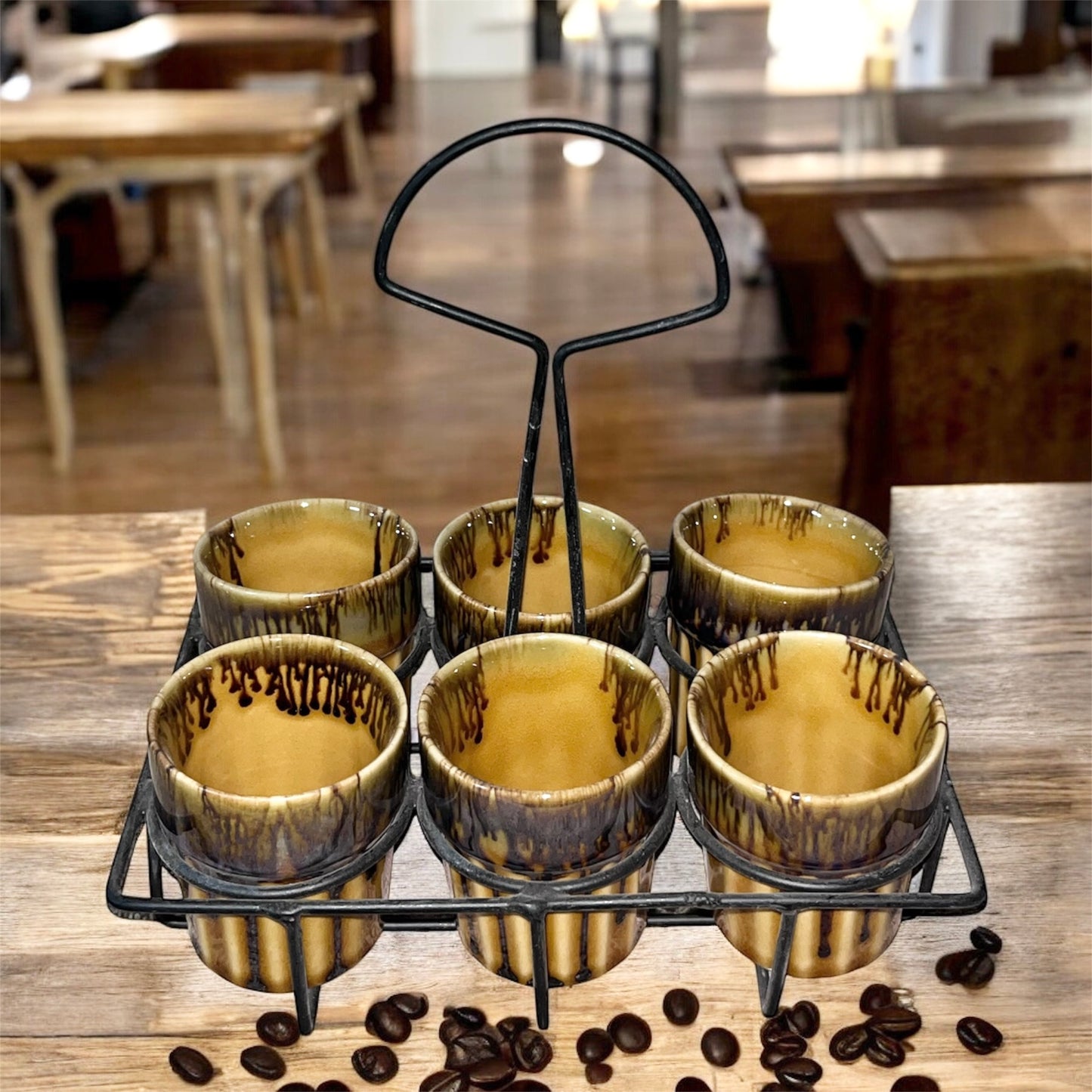 SOULCRAFTZ Dual Glazed Edition Coffee & Tea Cups With Wire Holder & Elegant Studio Pottery, Set Of 6(Multicolour, 120ml)