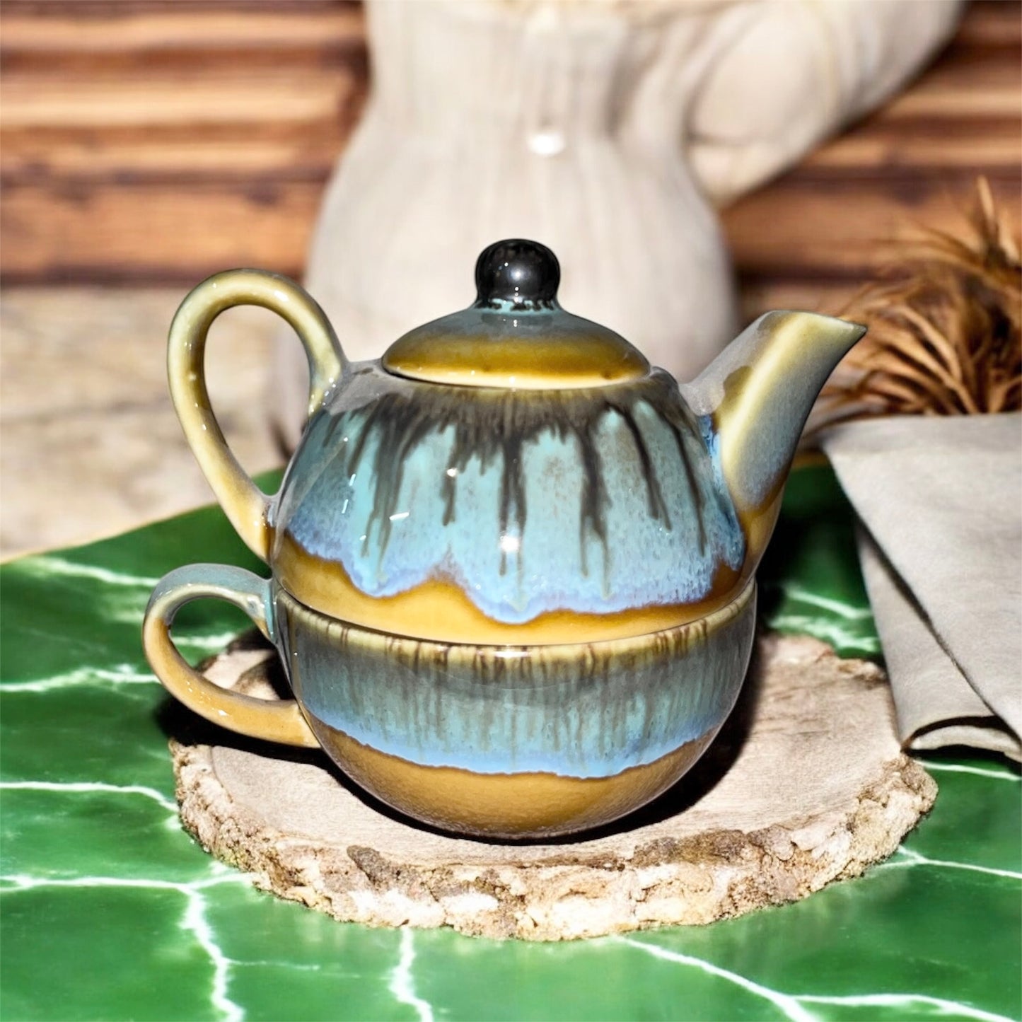 SOULCRAFTZ Ceramic Tea Pot Kettle with Cup Tea Pot Set Studio Pottery Cup 250Ml, Kettle 380 Ml (Set of Single Kettle with Cup (Dual Glazed)