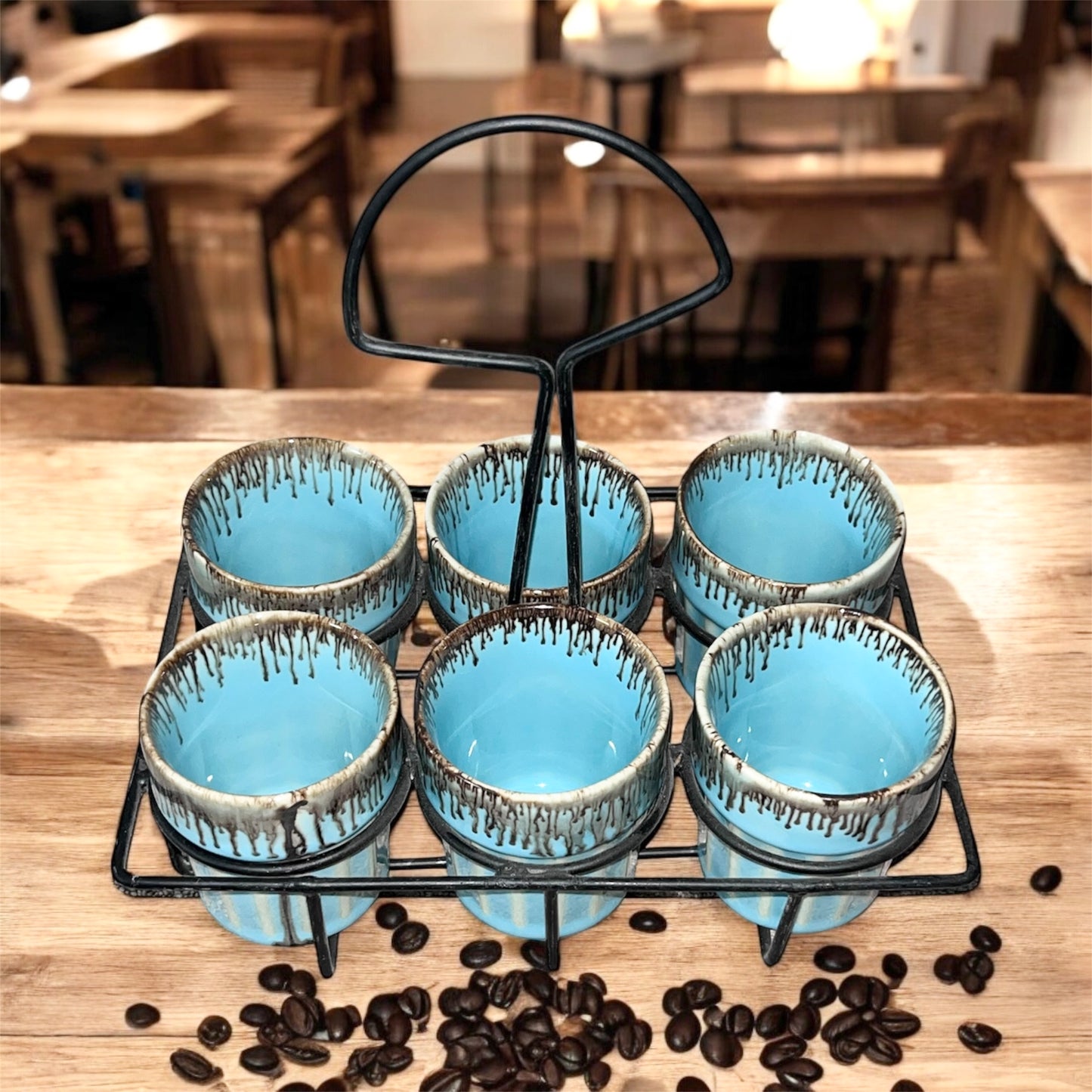 SOULCRAFTZ Dual Glazed Edition Coffee & Tea Cups With Wire Holder & Elegant Studio Pottery, Set Of 6(Multicolour, 120ml)