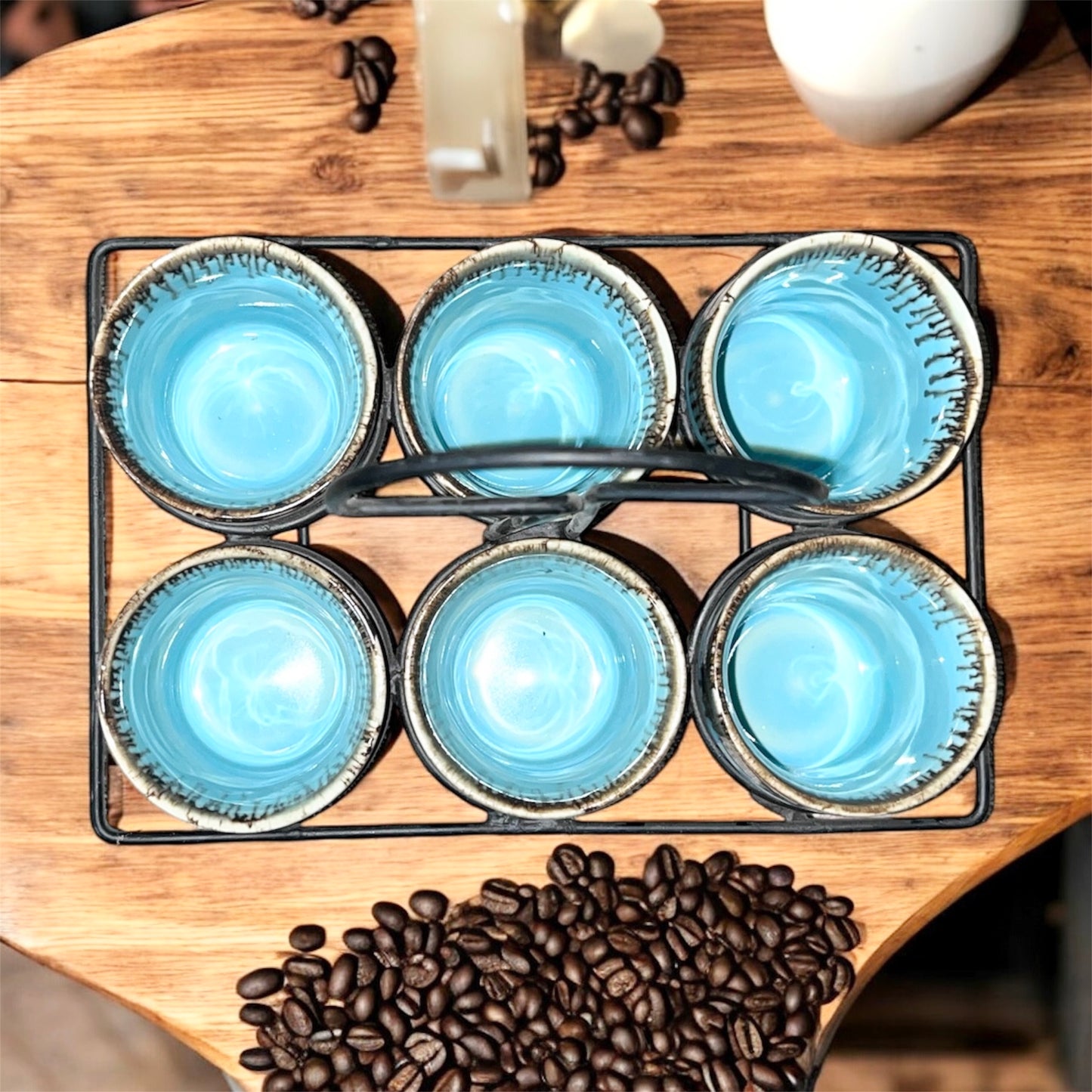 SOULCRAFTZ Dual Glazed Edition Coffee & Tea Cups With Wire Holder & Elegant Studio Pottery, Set Of 6(Multicolour, 120ml)