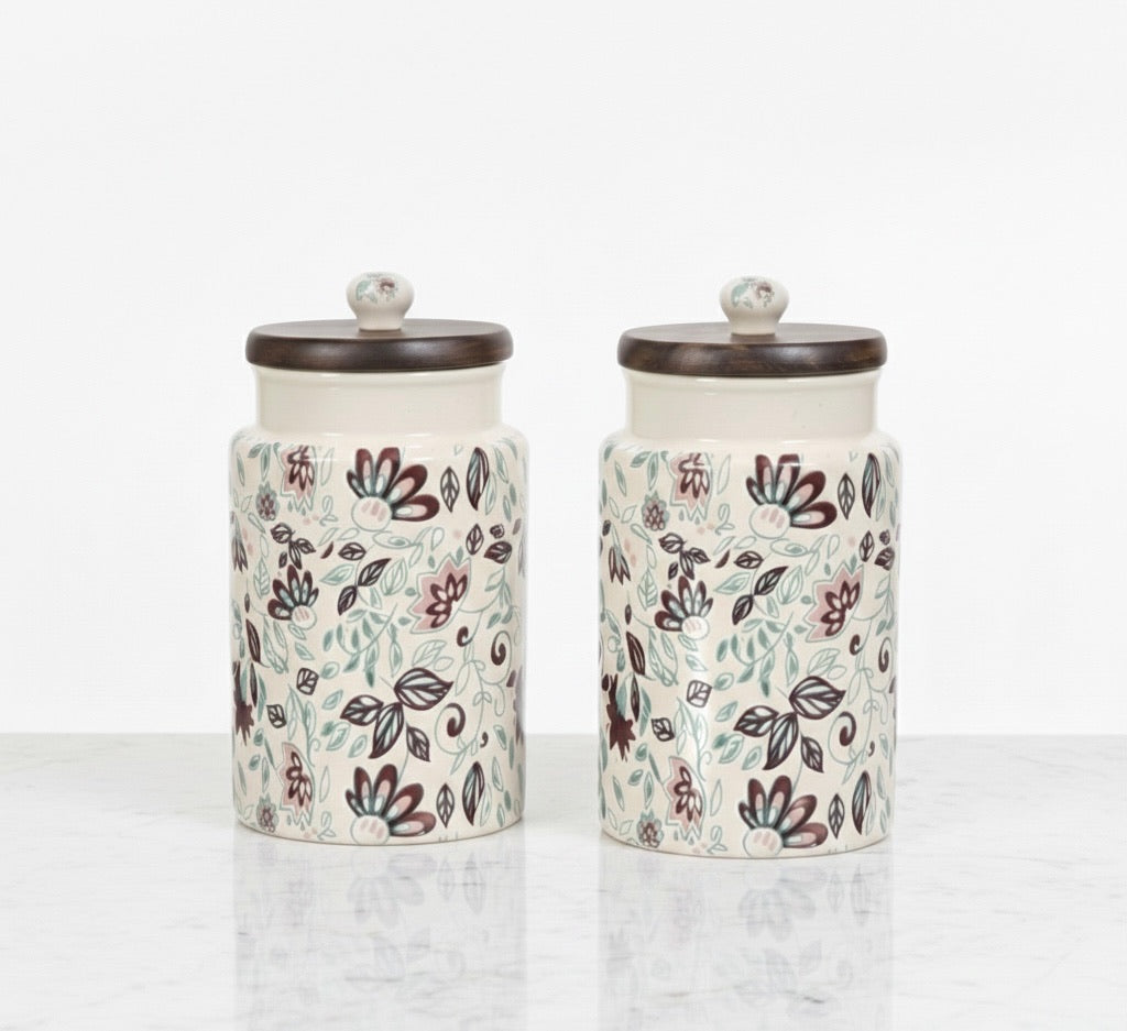 Handcrafted Floral Ceramic Storage Jars with Wooden Lid – Set of 2