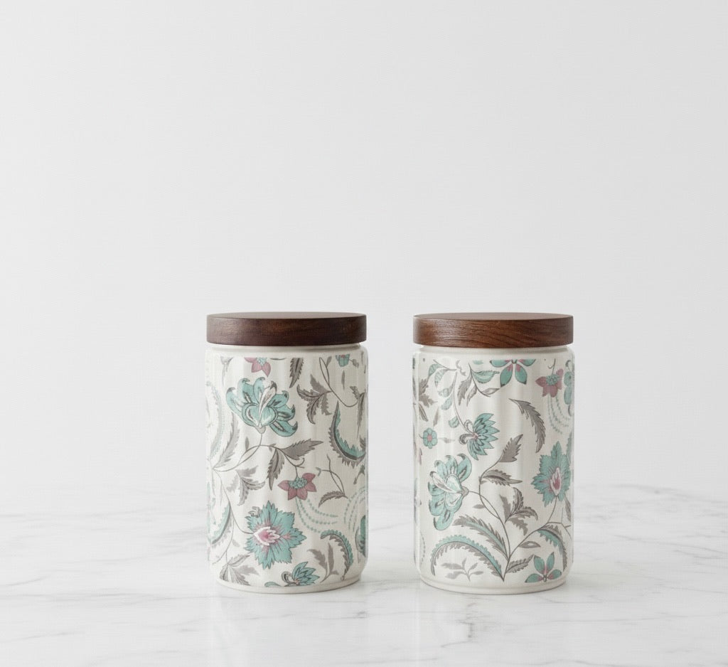 Elegant Floral Ceramic Storage Jars with Wooden Lid – Set of 2