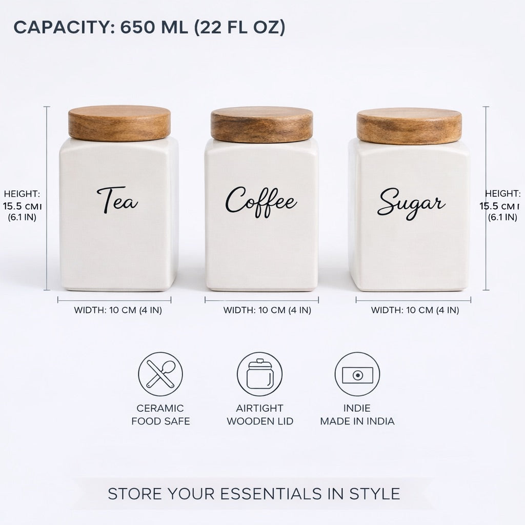 Ceramic Tea Coffee Sugar Storage Jars with Wooden Lid – Set of 3, Square