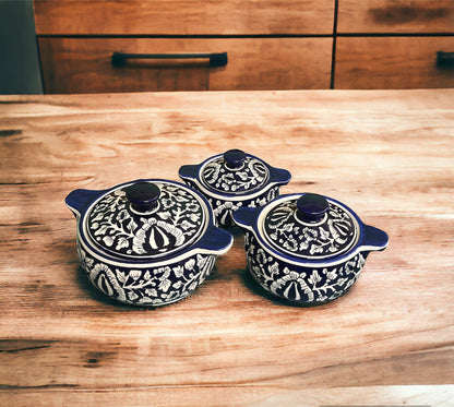 SOULCRAFTZ Ceramic Handmade Blue Mughal Serving Donga/Casserole with lid (Set of 3, 1 Large, 1 Medium, 1 Small)