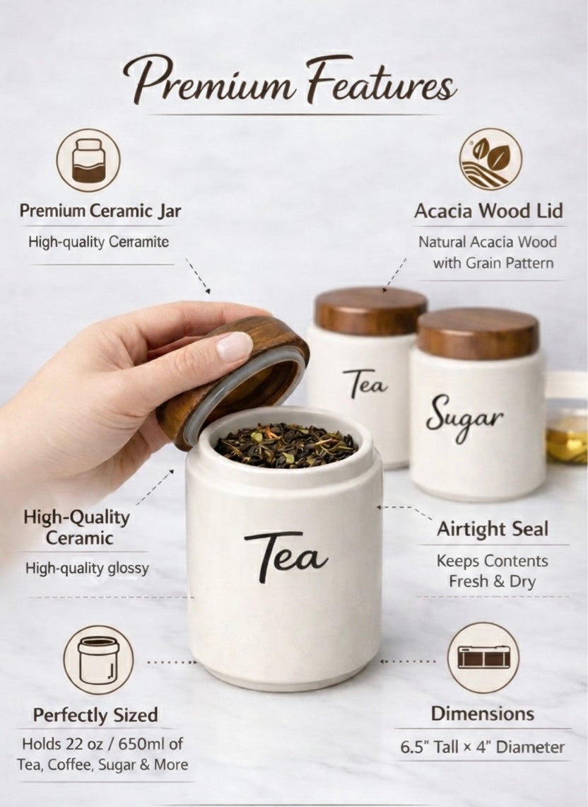 Ceramic Kitchen Canister Set with Acacia Wood Lids – Tea & Sugar Storage Jars (Set of 2, Round)