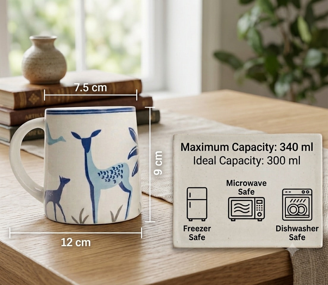 Handcrafted Blue Deer Ceramic Coffee Mug | Artistic Stoneware Tea & Coffee Cup | 350 ml