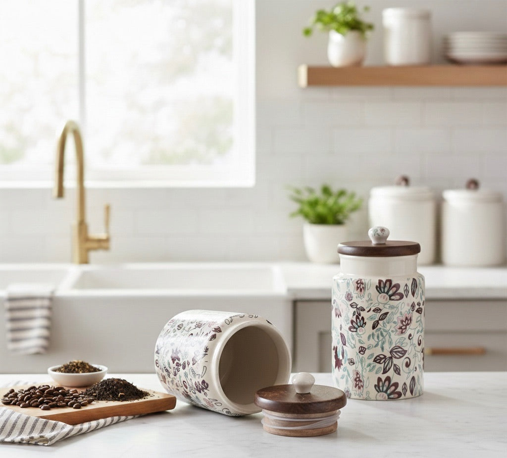 Handcrafted Floral Ceramic Storage Jars with Wooden Lid – Set of 2