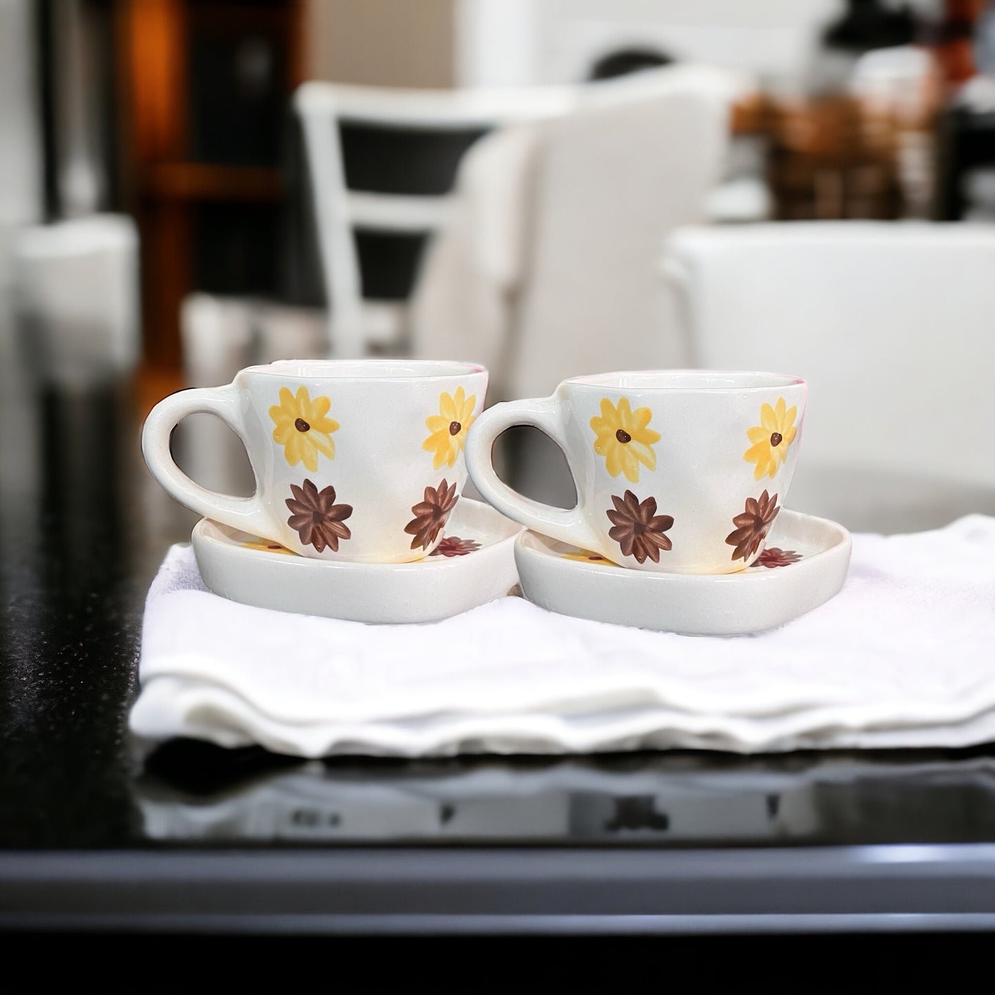 SOULCRAFTZ Sunflower Mug & Saucer 250 ML Handmade Ceramic Mugs Gift to Best Friend Coffee/Tea/Milk/Green Tea/Cold Coffee Mugs/Cup Microwave Safe & Dishwasher Safe (Set of 2)