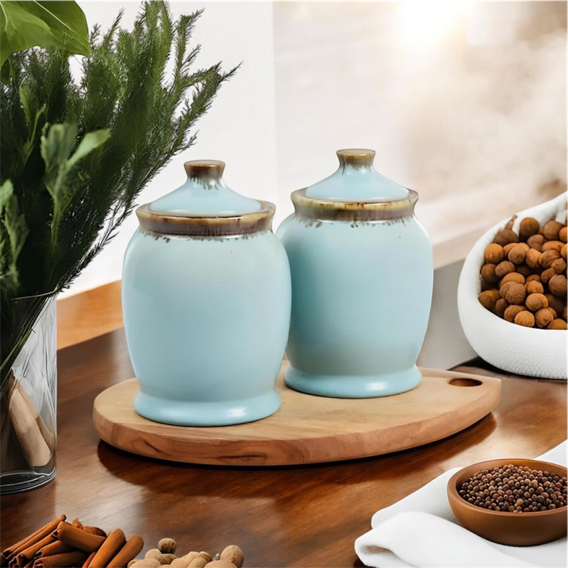 SOULCRAFTZ Exclusive Studio Pottery Ceramic Jar Barni Canister For Kitchen Storage Pickle Sugar Tea Pulses etc (Pack Of Two) (Dual Glazed)