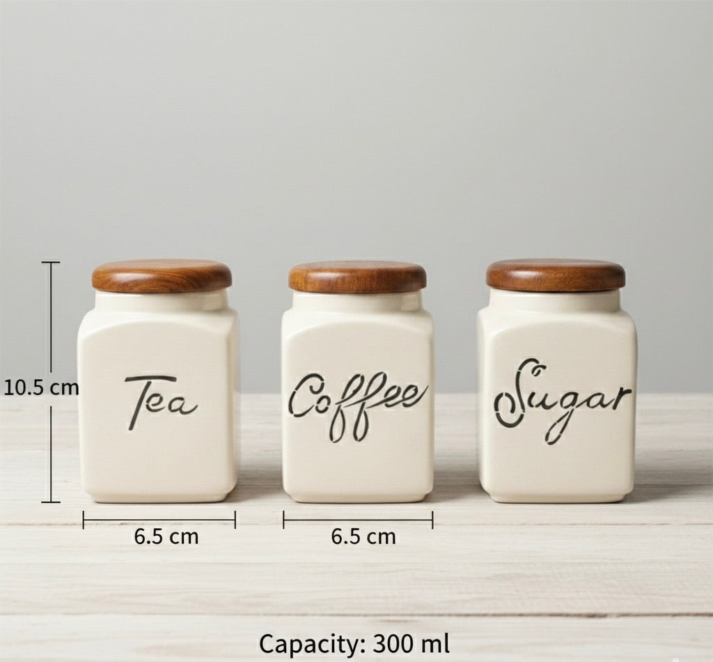Ceramic Tea Coffee Sugar Canister Set with Wooden Lids