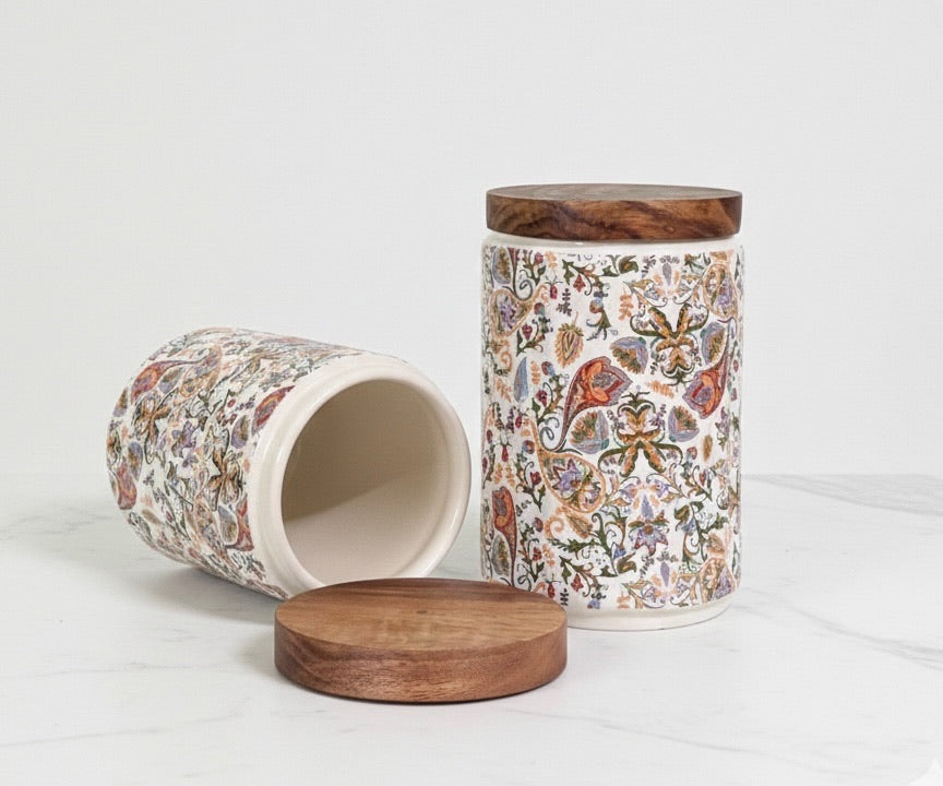 Elegant Floral Ceramic Storage Jars with Wooden Lid – Set of 2