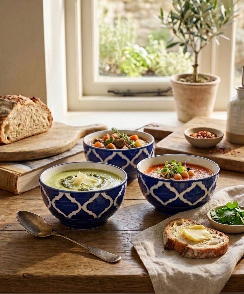 Moroccan Heritage Ceramic Soup Bowls – Set of 3 | Hand-Painted Blue & White Serving Bowls | Microwave & Dishwasher Safe