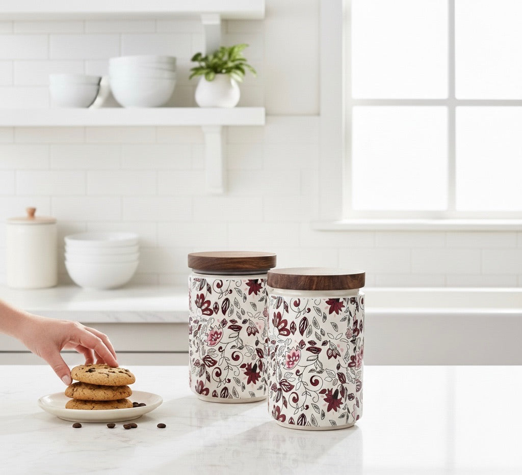 Elegant Floral Ceramic Storage Jars with Wooden Lid – Set of 2