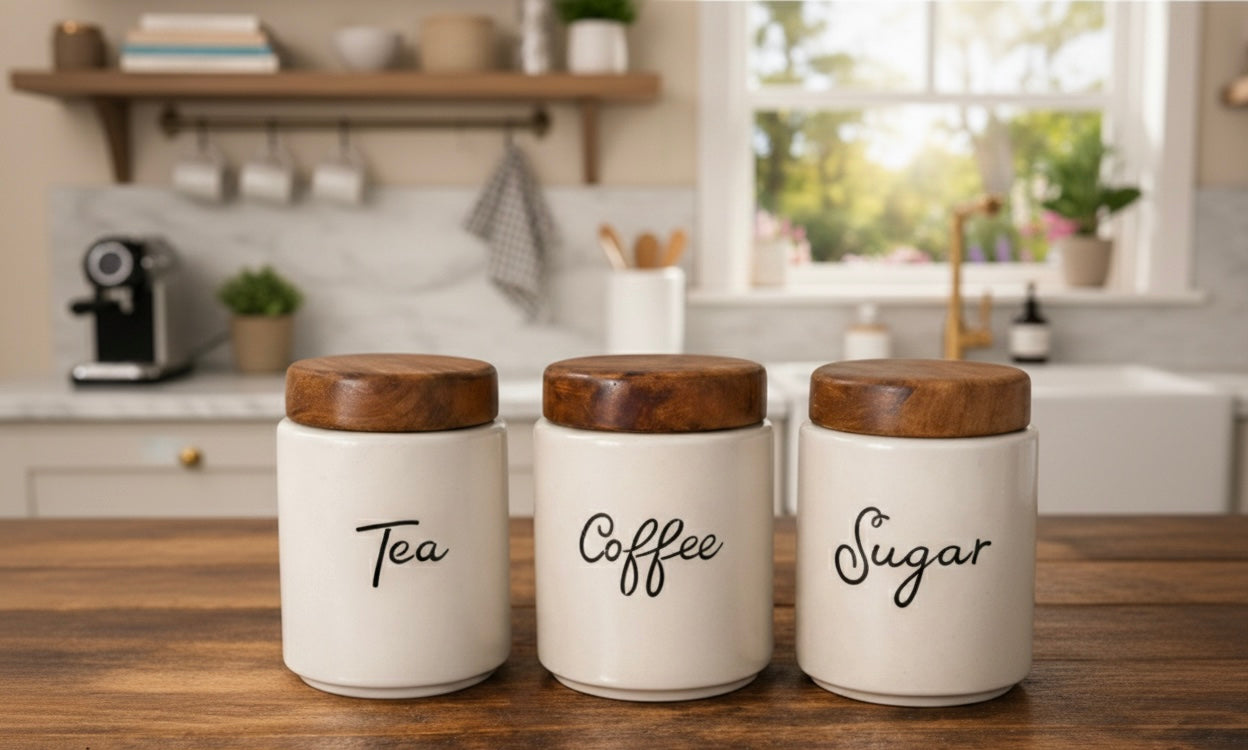 Ceramic Kitchen Canister Set with Acacia Wood Lids – Tea, Coffee & Sugar Storage Jars (Set of 3, Round)