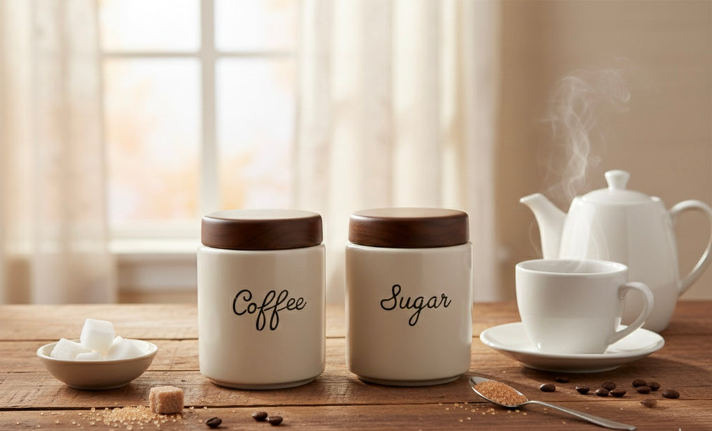Ceramic Kitchen Canister Set with Acacia Wood Lids – Coffee & Sugar Storage Jars (Set of 2, Round)