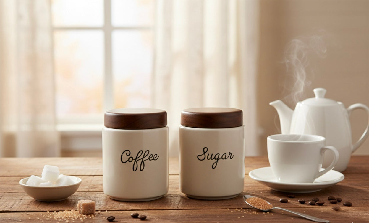 Ceramic Kitchen Canister Set with Acacia Wood Lids – Coffee & Sugar Storage Jars (Set of 2, Round)