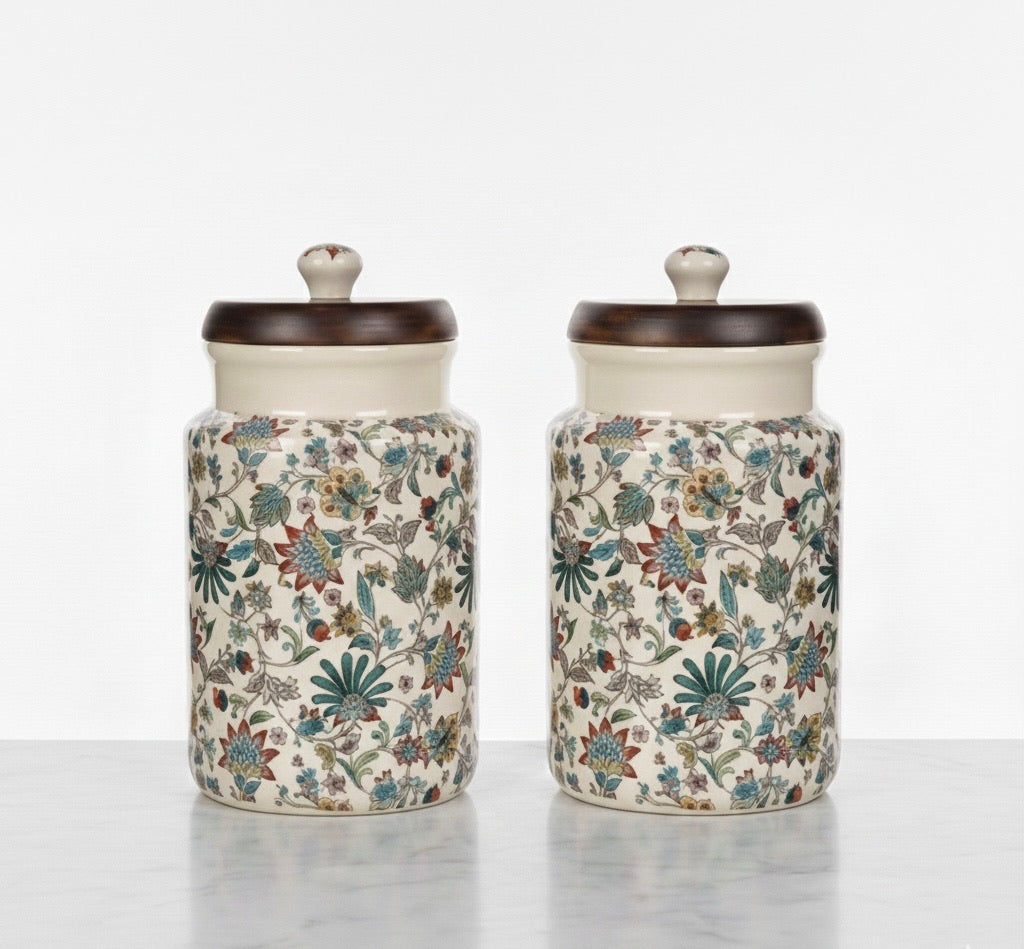 Handcrafted Floral Ceramic Storage Jars with Wooden Lid – Set of 2
