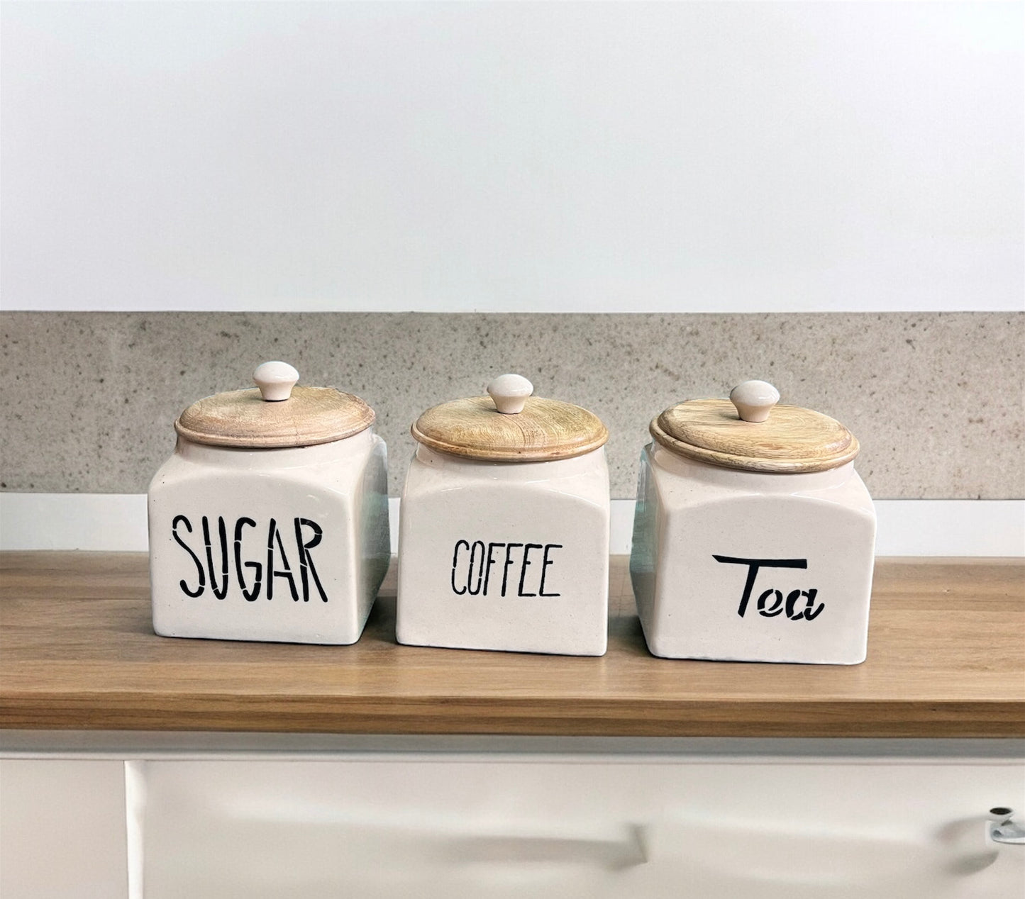 SOULCRAFTZ Ceramic Tea Coffee Sugar Canister Set of 3 | Ceramic Kitchen Airtight Storage Canister with Airtight Wooden Lid