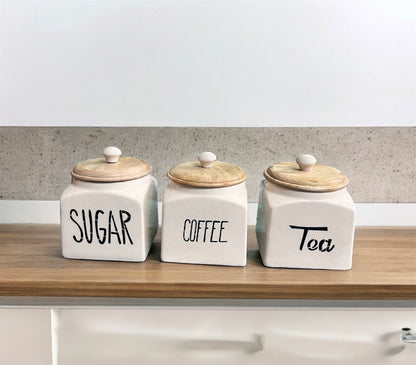 SOULCRAFTZ Ceramic Tea Coffee Sugar Canister Set of 3 | Ceramic Kitchen Airtight Storage Canister with Airtight Wooden Lid