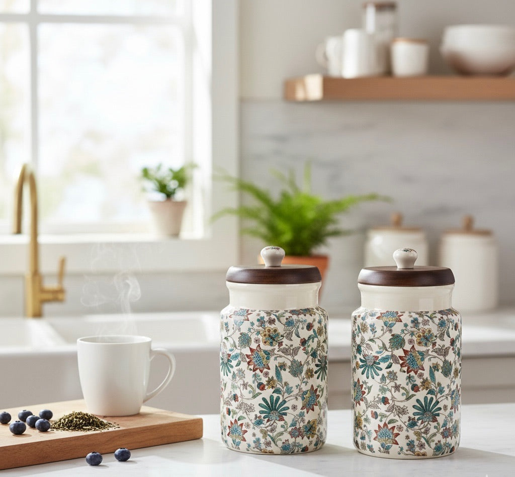 Handcrafted Floral Ceramic Storage Jars with Wooden Lid – Set of 2