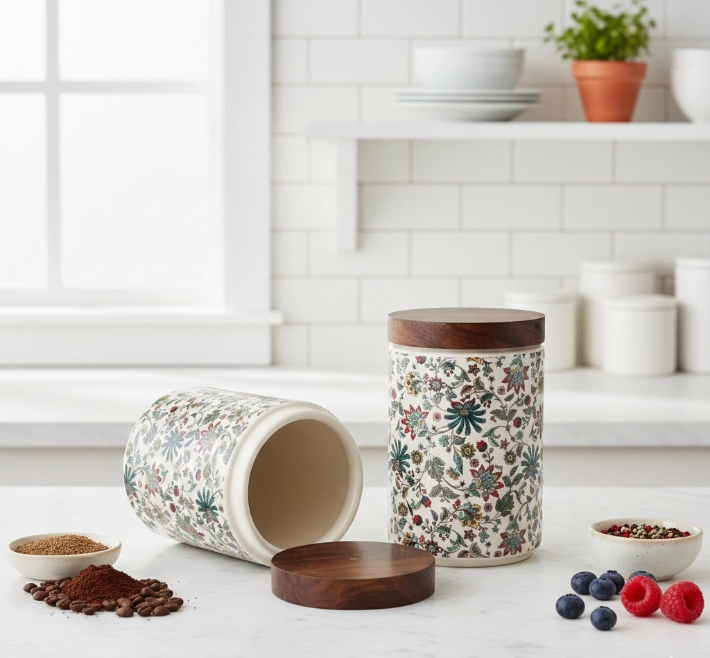 Elegant Floral Ceramic Storage Jars with Wooden Lid – Set of 2