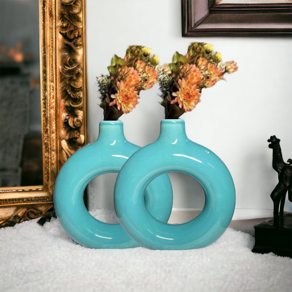 SOULCRAFTZ Ceramic Ring Shaped vases | Handcrafted Flower Vases and Pot for Home Decoration, Set of 2 (8 inches)