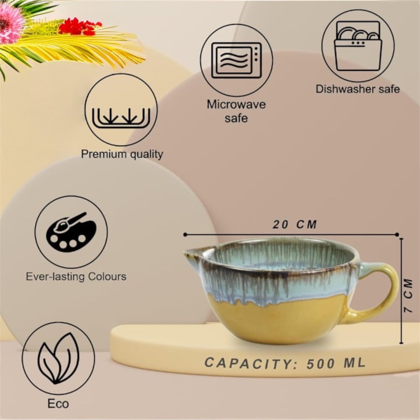 SOULCRAFTZ Ceramic Soup Bowl, Soup Mug Soup Cup Soup Studio Finish |Soup Cup Ceramic Microwave Safe (Capacity 500 ML) Studio Pottery