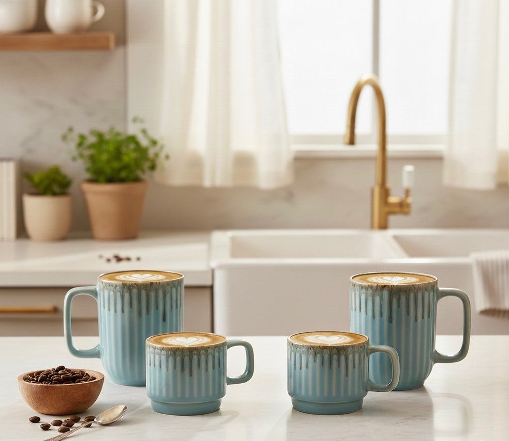 Ceramic Coffee Mug Set – Ribbed Stoneware Latte Cups for Coffee, Tea & Cappuccino