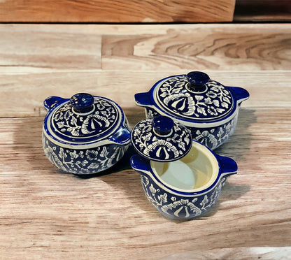 SOULCRAFTZ Ceramic Handmade Blue Mughal Serving Donga/Casserole with lid (Set of 3, 1 Large, 1 Medium, 1 Small)