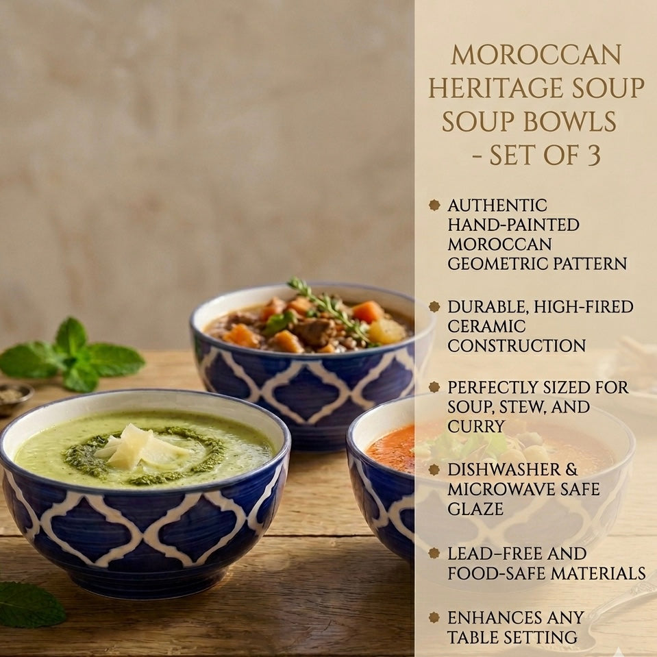 Moroccan Heritage Ceramic Soup Bowls – Set of 3 | Hand-Painted Blue & White Serving Bowls | Microwave & Dishwasher Safe