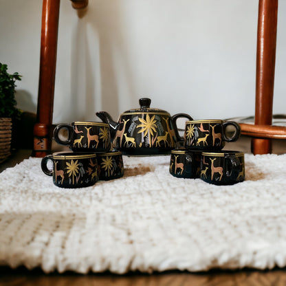 SOULCRAFTZ Hand-Painted Ceramic Coffee and Tea Cups Set with Kettle - Set of 7, Perfect for Gifting (Forest)